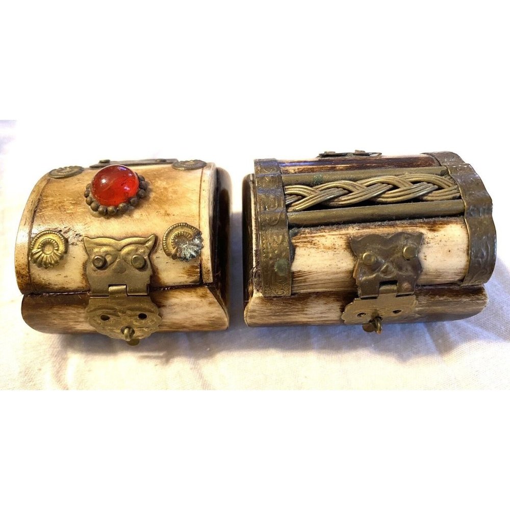 Vintage Ganz Small Trinket Boxes Brass And Bone About 2x2 Inch Set Of Two